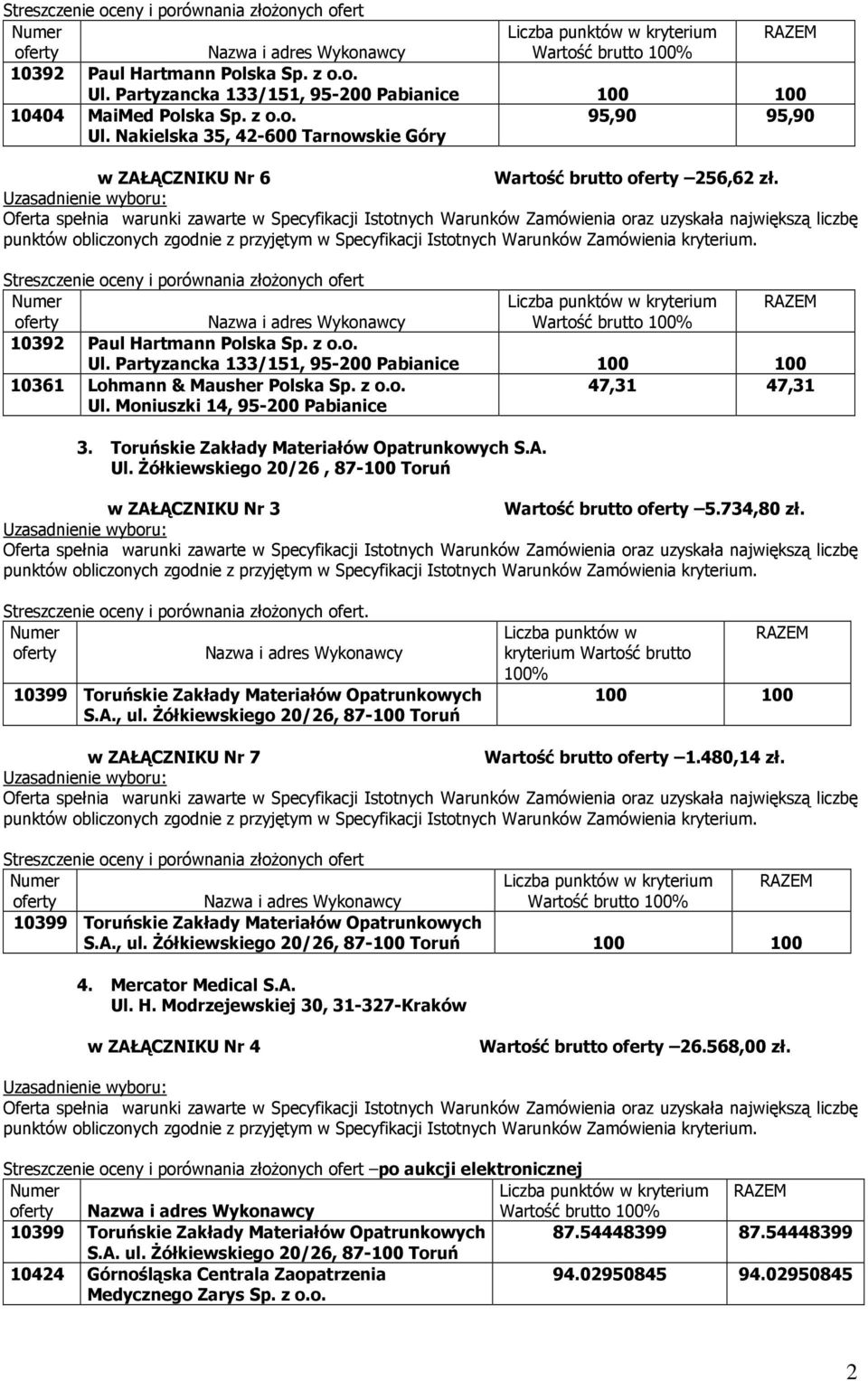 Żółkiewskiego 20/26, 87-100 Toruń w ZAŁĄCZNIKU Nr 7 Wartość brutto 1.480,14 zł. S.A., ul. Żółkiewskiego 20/26, 87-100 Toruń 4. Mercator Medical S.A. Ul. H.