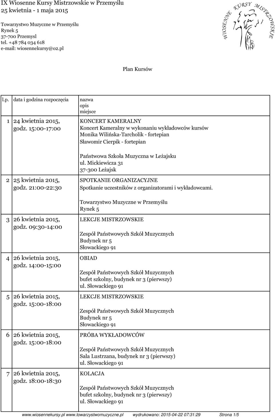 15:00-17:00 KONCERT KAMERALNY Koncert Kameralny w wykonaniu wykładowców kursów Monika Wilińska-Tarcholik - fortepian Sławomir Cierpik - fortepian 2 25 kwietnia 2015, godz.