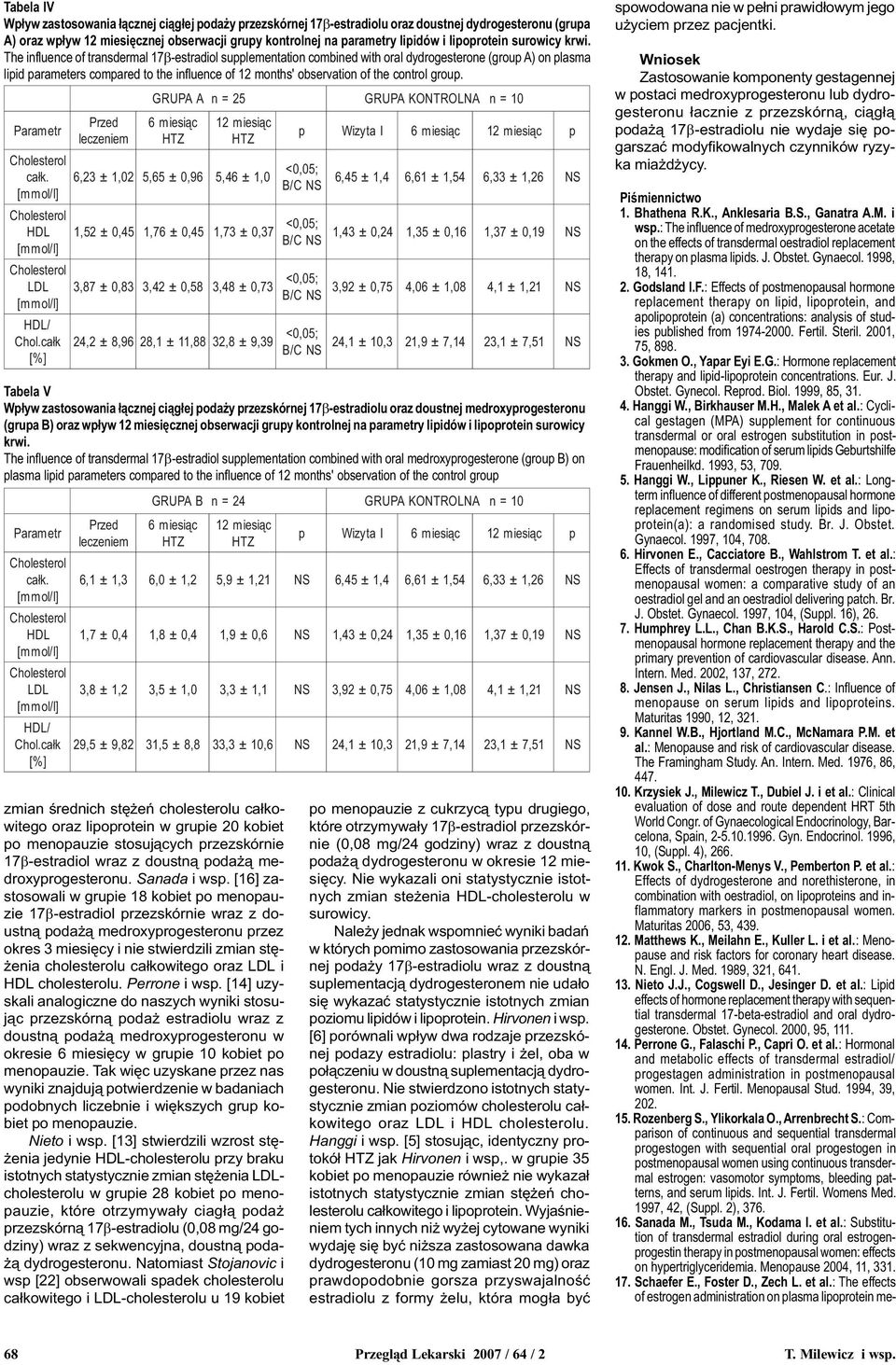 The influence of transdermal 17b-estradiol sulementation combined with oral dydrogesterone (grou A) on lasma liid arameters comared to the influence of 12 months' observation of the control grou.