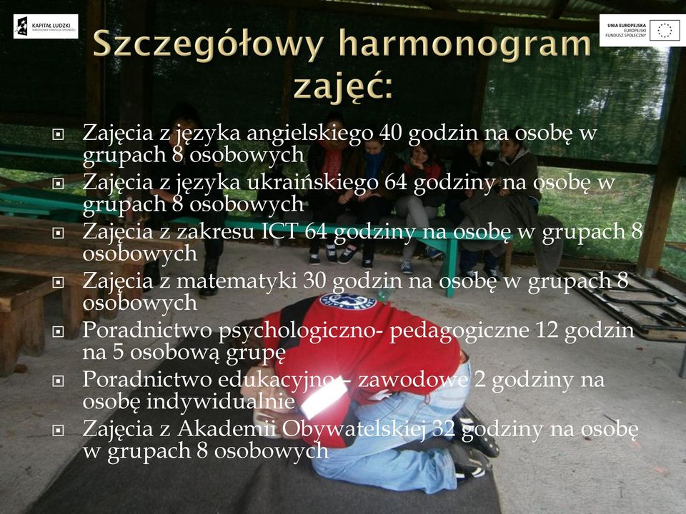 godzin na osobę w grupach 8 osobowych Poradnictwo psychologiczno- pedagogiczne 12 godzin na 5 osobową grupę Poradnictwo