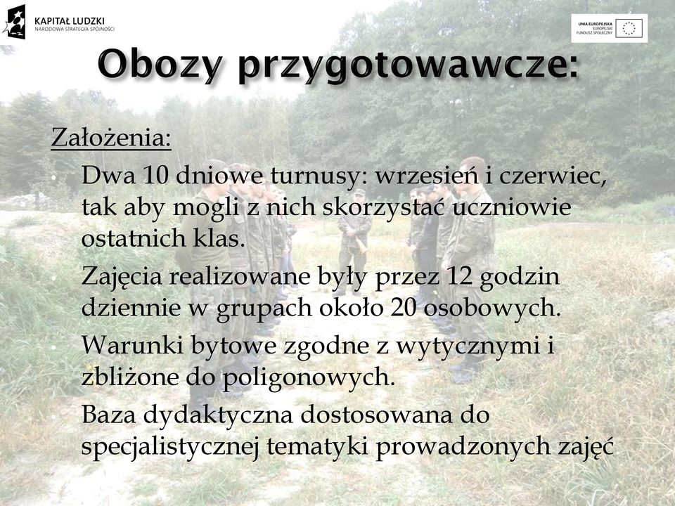 Zajęcia realizowane były przez 12 godzin dziennie w grupach około 20 osobowych.