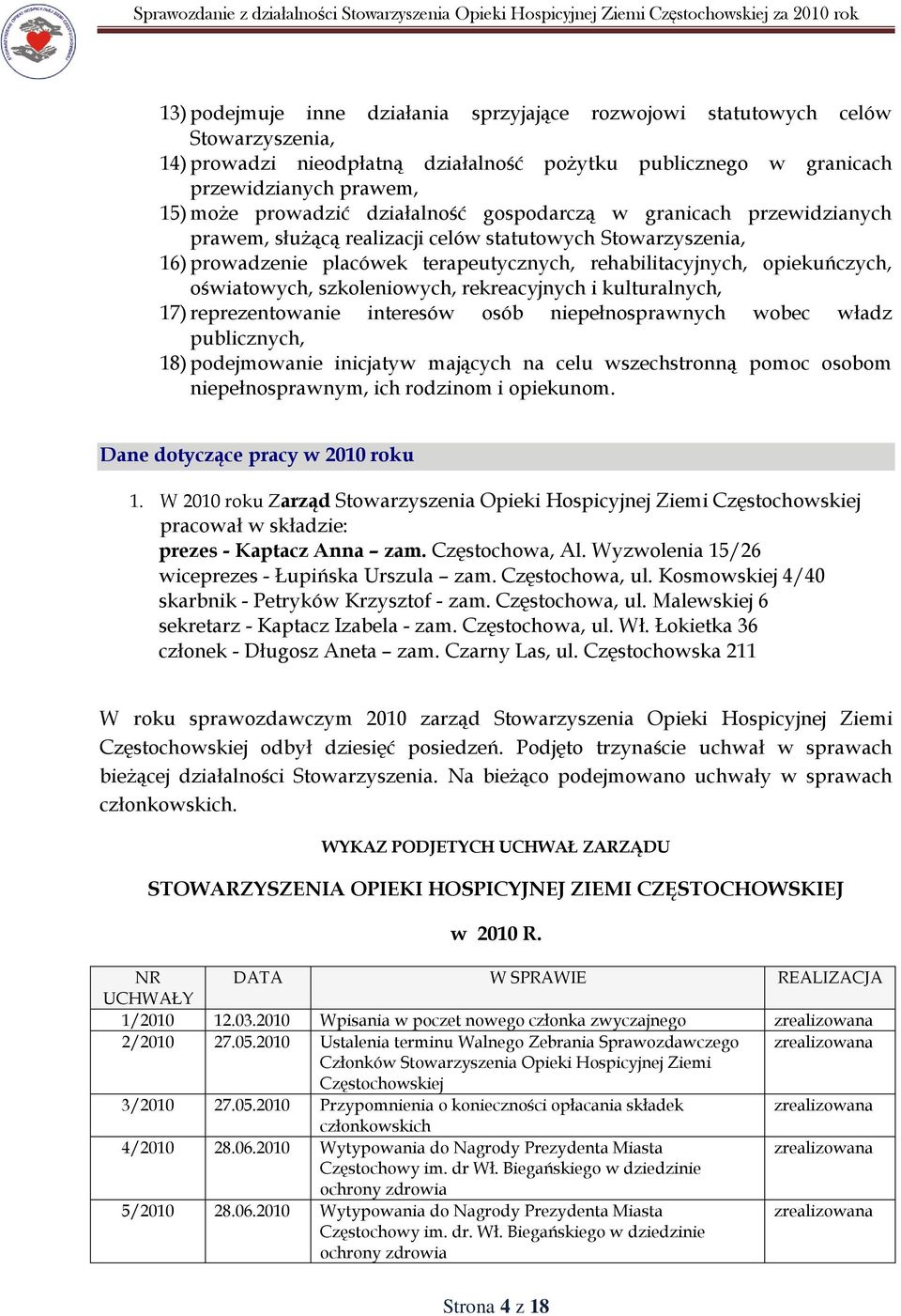 szkoleniowych, rekreacyjnych i kulturalnych, 17) reprezentowanie interesów osób niepełnosprawnych wobec władz publicznych, 18) podejmowanie inicjatyw mających na celu wszechstronną pomoc osobom