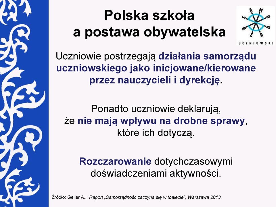 Ponadto uczniowie deklarują, że nie mają wpływu na drobne sprawy, które ich dotyczą.