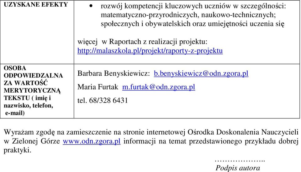 pl/projekt/raporty-z-projektu OSOBA ODPOWIEDZALNA ZA WARTOŚĆ MERYTORYCZNĄ TEKSTU ( imię i nazwisko, telefon, e-mail) Barbara Benyskiewicz: b.benyskiewicz@odn.zgora.