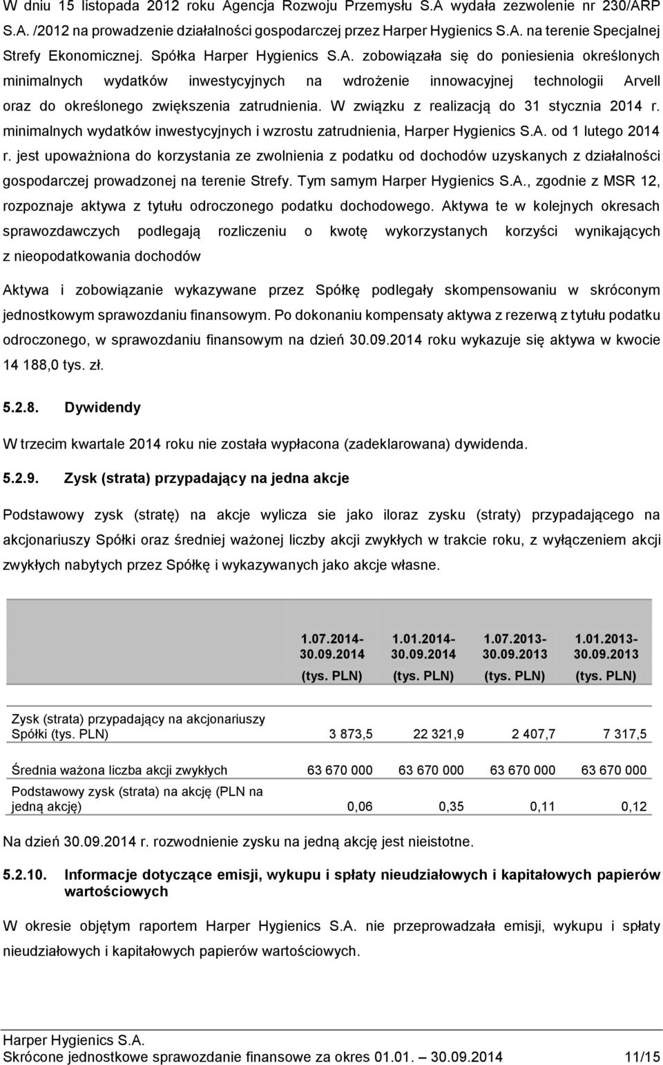 W związku z realizacją do 31 stycznia 2014 r. minimalnych wydatków inwestycyjnych i wzrostu zatrudnienia, od 1 lutego 2014 r.