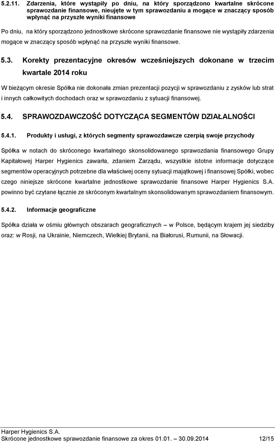 dniu, na który sporządzono jednostkowe skrócone sprawozdanie finansowe nie wystąpiły zdarzenia mogące w znaczący sposób wpłynąć na przyszłe wyniki finansowe. 5.3.