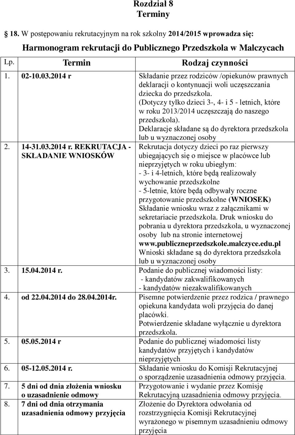 (Dotyczy tylko dzieci 3-, 4- i 5 - letnich, które w roku 2013/2014 uczęszczają do naszego przedszkola). Deklaracje składane są do dyrektora przedszkola lub u wyznaczonej osoby 2. 14-31.03.2014 r.