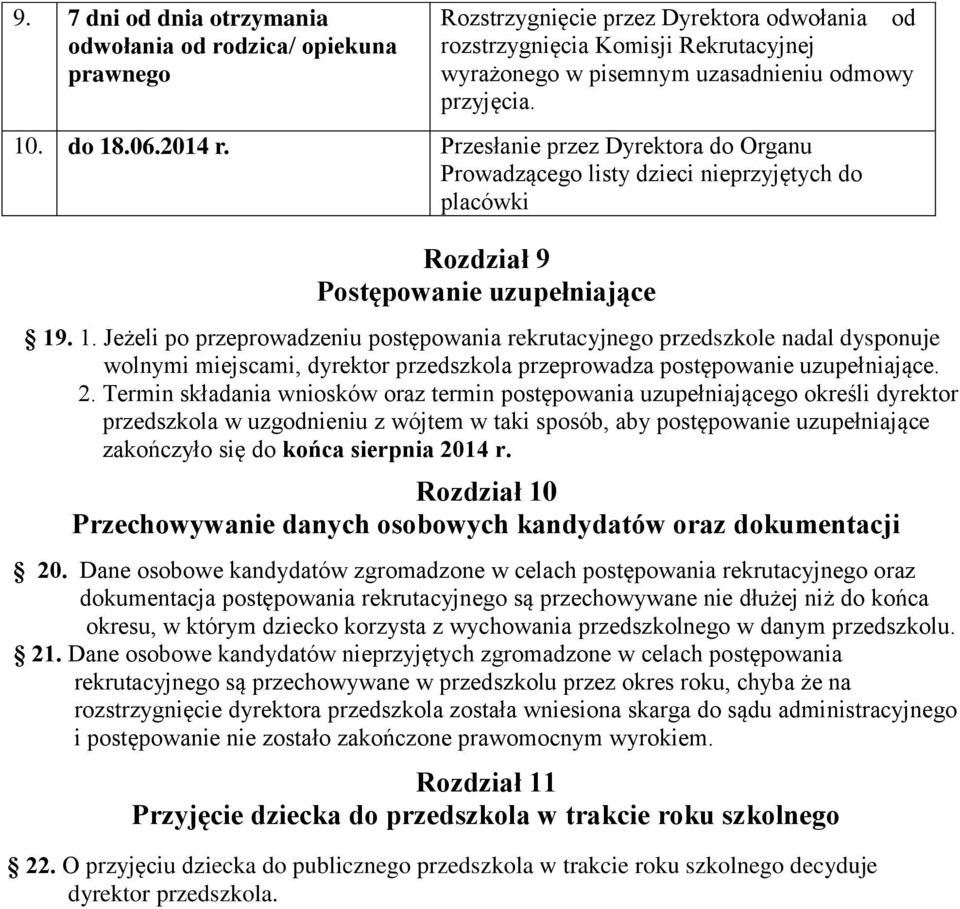 2. Termin składania wniosków oraz termin postępowania uzupełniającego określi dyrektor przedszkola w uzgodnieniu z wójtem w taki sposób, aby postępowanie uzupełniające zakończyło się do końca