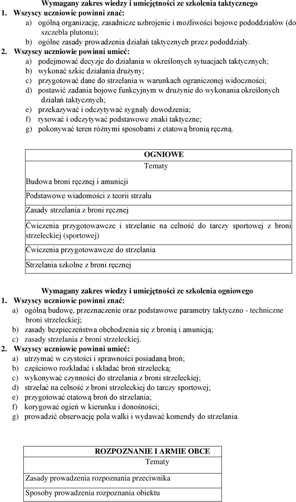 2. Wszyscy uczniowie powinni umieć: a) podejmować decyzje do działania w określonych sytuacjach taktycznych; b) wykonać szkic działania drużyny; c) przygotować dane do strzelania w warunkach