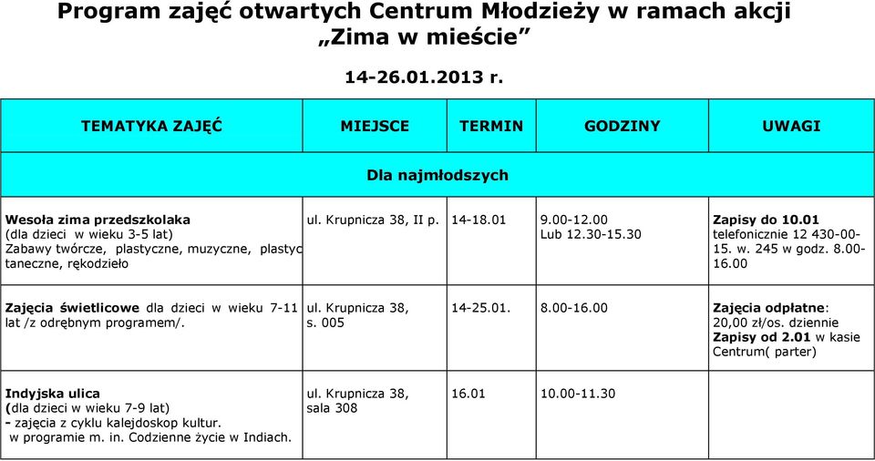 30 Zabawy twórcze, astyczne, muzyczne, astyczne, z taneczne, rękodzieło Zapisy do 10.01 telefonicznie 12 430-00- 15. w. 245 w godz. 8.00-16.