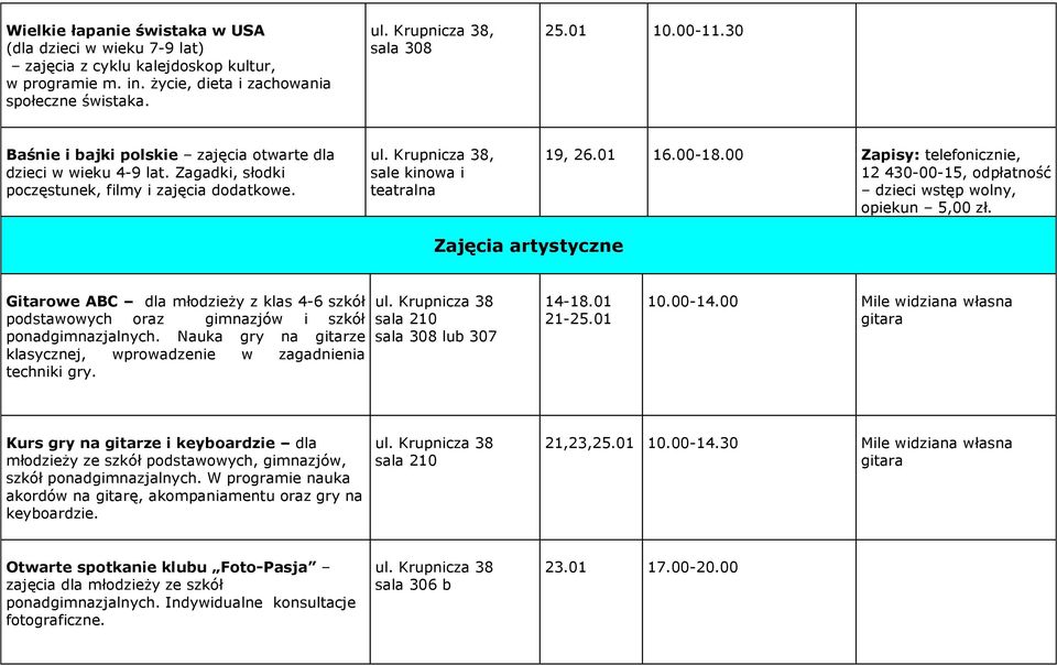 00 Zapisy: telefonicznie, 12 430-00-15, odpłatność dzieci wstęp wolny, opiekun 5,00 zł.