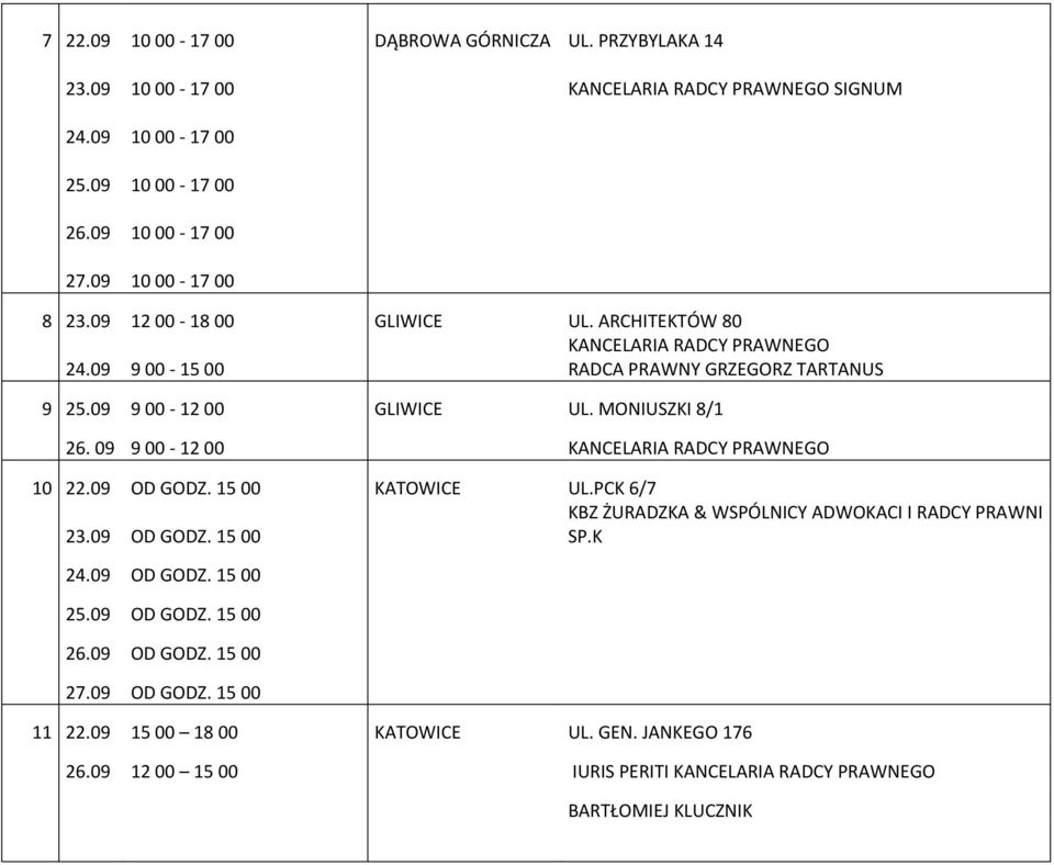 MONIUSZKI 8/1 26. 09 9 00-12 00 KANCELARIA RADCY PRAWNEGO 10 22.09 OD GODZ. 1500 KATOWICE UL.PCK 6/7 KBZ ŻURADZKA & WSPÓLNICY ADWOKACI I RADCY PRAWNI 23.09 OD GODZ. 1500 SP.K 24.
