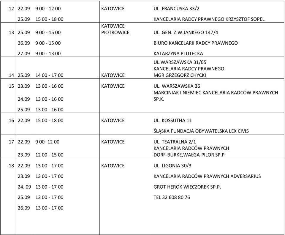 09 1300-1600 KATOWICE UL. WARSZAWSKA 36 MARCINIAK I NIEMIEC KANCELARIA RADCÓW PRAWNYCH 24.09 1300-1600 SP.K. 25.09 13 00-16 00 16 22.09 15 00-18 00 KATOWICE UL.