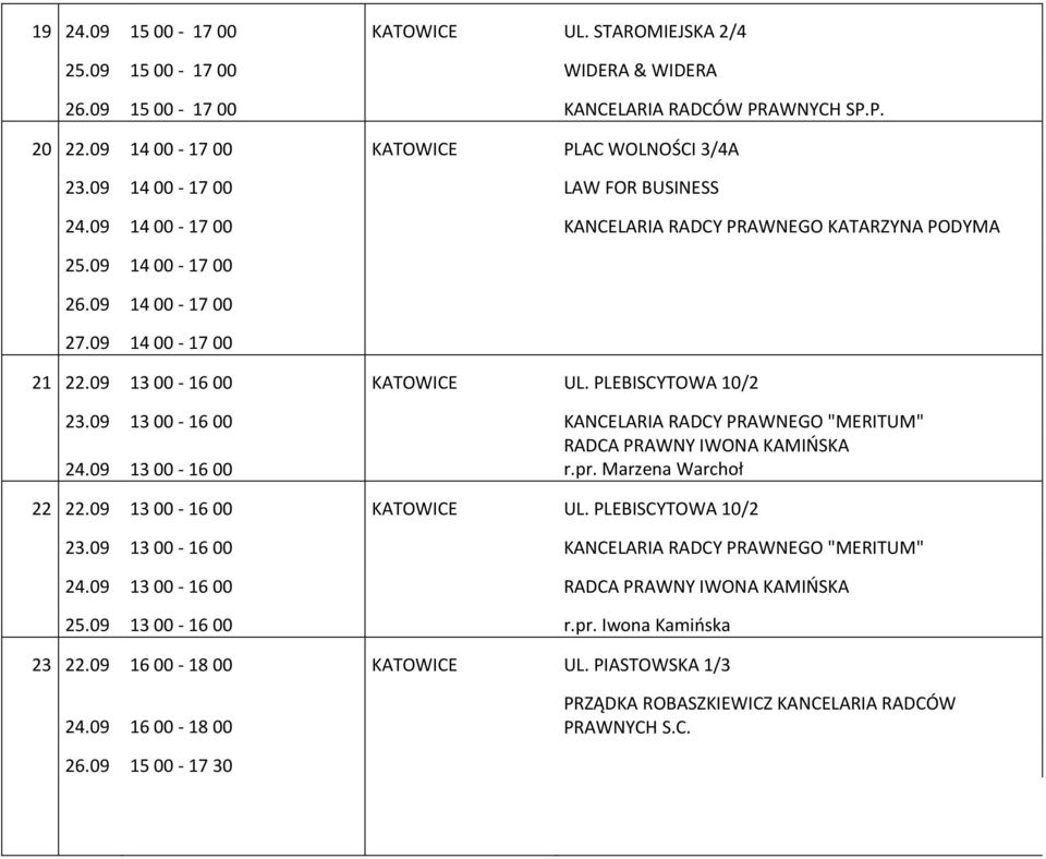 PLEBISCYTOWA 10/2 23.09 1300-1600 KANCELARIA RADCY PRAWNEGO "MERITUM" RADCA PRAWNY IWONA KAMIŃSKA 24.09 1300-1600 r.pr. Marzena Warchoł 22 22.09 13 00-16 00 KATOWICE UL. PLEBISCYTOWA 10/2 23.