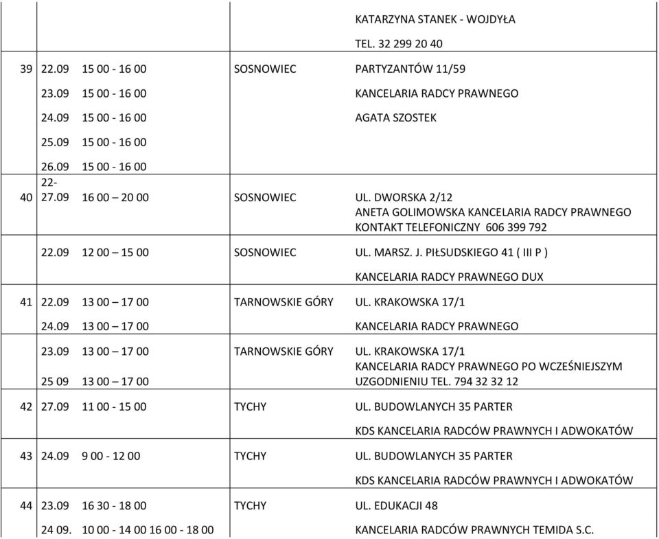 PIŁSUDSKIEGO 41 ( III P ) KANCELARIA RADCY PRAWNEGO DUX 41 22.09 13 00 17 00 TARNOWSKIE GÓRY UL. KRAKOWSKA 17/1 24.09 13 00 17 00 KANCELARIA RADCY PRAWNEGO 23.09 1300 1700 TARNOWSKIE GÓRY UL.