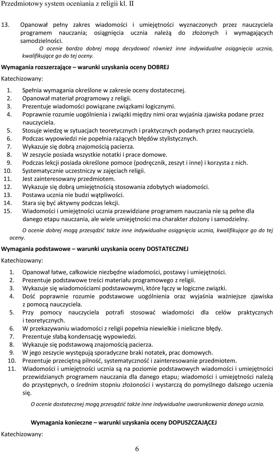 Spełnia wymagania określone w zakresie oceny dostatecznej. 2. Opanował materiał programowy z religii. 3. Prezentuje wiadomości powiązane związkami logicznymi. 4.