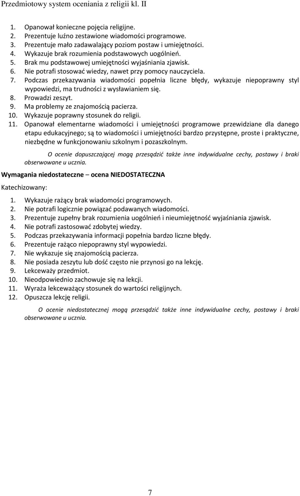 Podczas przekazywania wiadomości popełnia liczne błędy, wykazuje niepoprawny styl wypowiedzi, ma trudności z wysławianiem się. 8. Prowadzi zeszyt. 9. Ma problemy ze znajomością pacierza. 10.