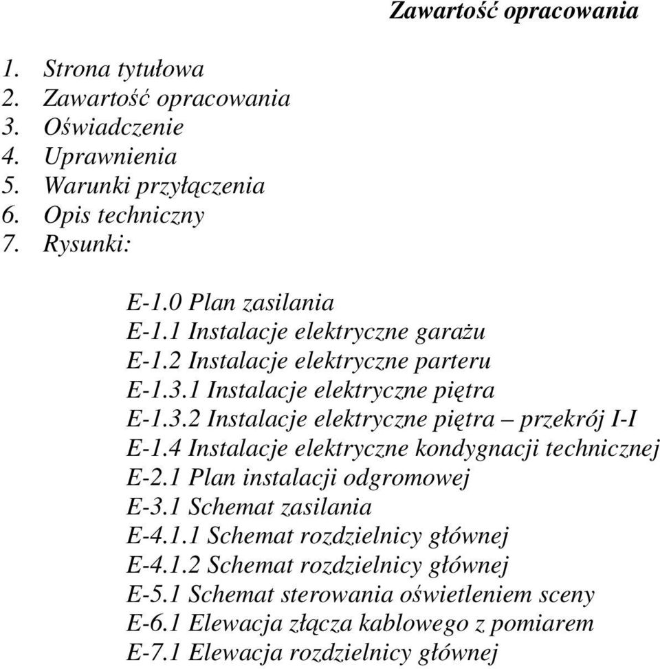 4 Instalacje elektryczne kondygnacji technicznej E-2.1 Plan instalacji odgromowej E-3.1 Schemat zasilania E-4.1.1 Schemat rozdzielnicy głównej E-4.1.2 Schemat rozdzielnicy głównej E-5.