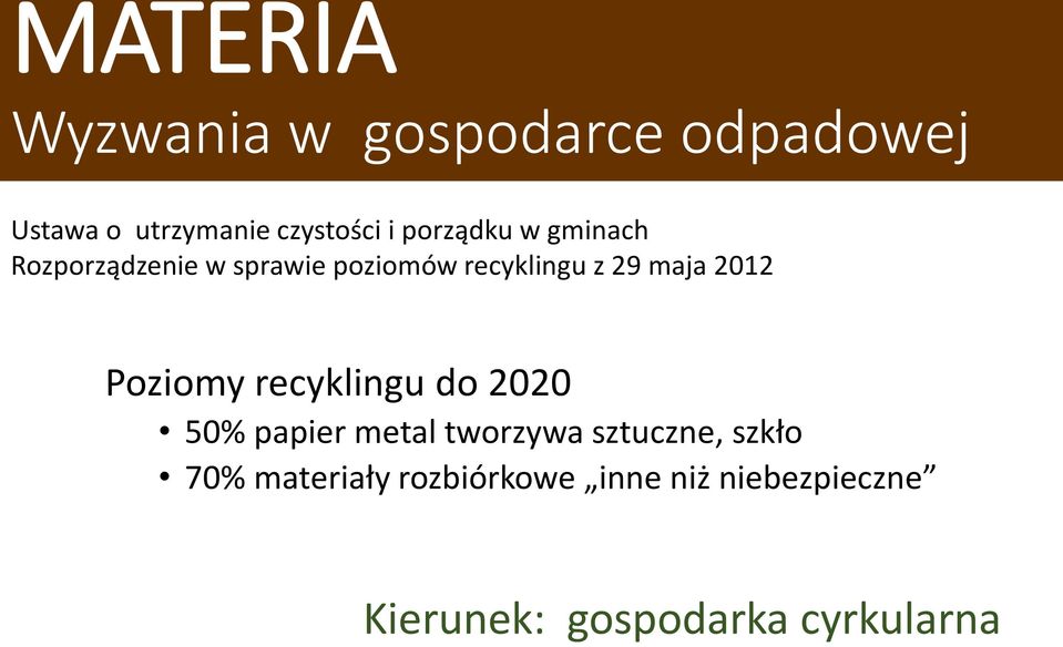 2012 Poziomy recyklingu do 2020 50% papier metal tworzywa sztuczne, szkło