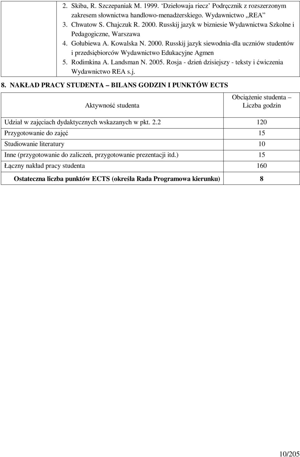 Rodimkina A. Landsman N. 2005. Rosja - dzień dzisiejszy - teksty i ćwiczenia Wydawnictwo REA s.j. 8.