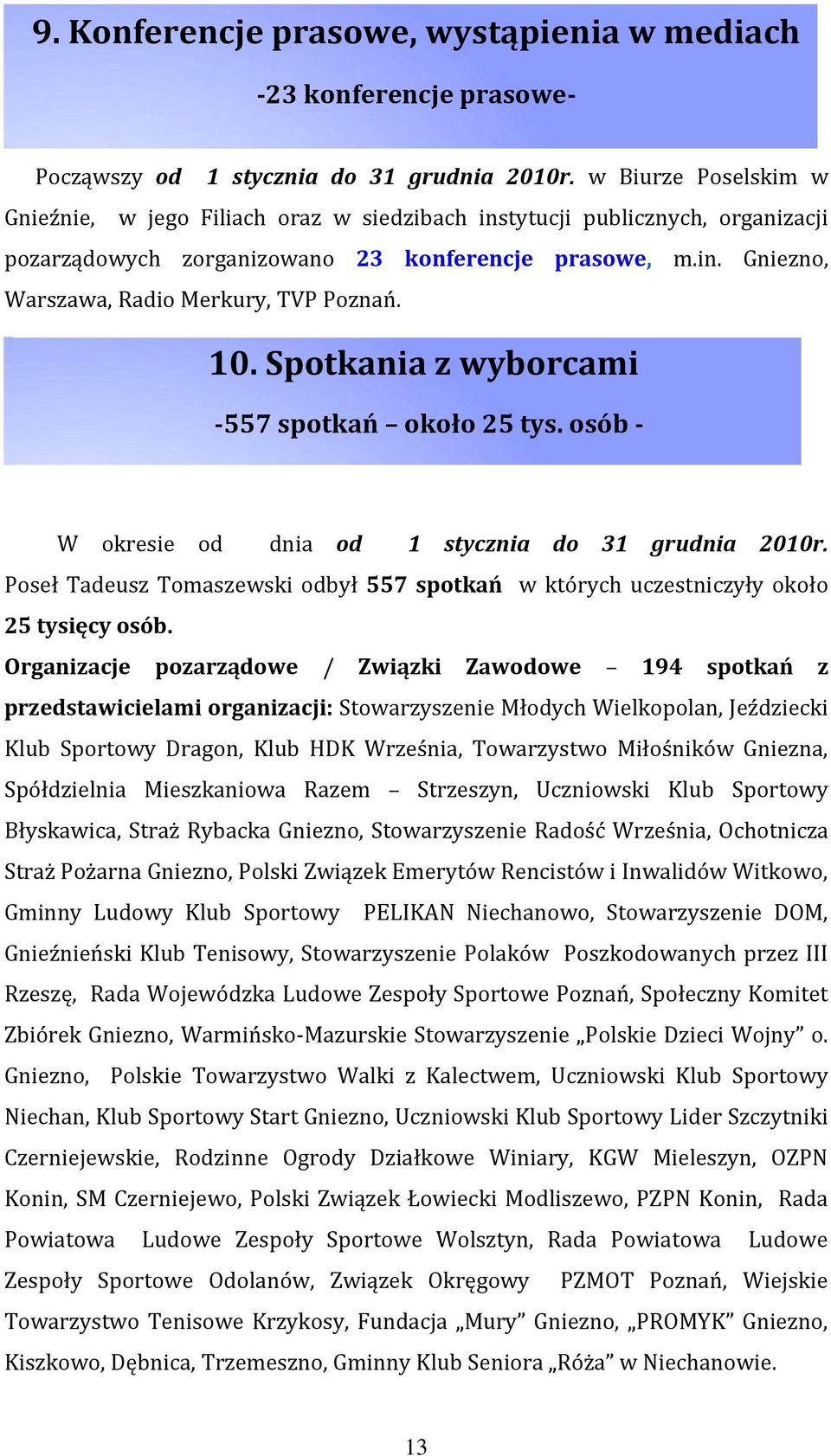 10. Spotkania z wyborcami -557 spotkań około 25 tys. osób - W okresie od dnia od 1 stycznia do 31 grudnia 2010r.