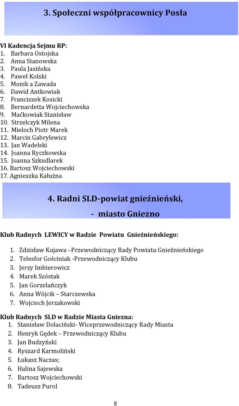 Bartosz Wojciechowski 17. Agnieszka Kałużna 4. Radni SLD-powiat gnieźnieński, - miasto Gniezno Klub Radnych LEWICY w Radzie Powiatu Gnieźnieńskiego: 1.