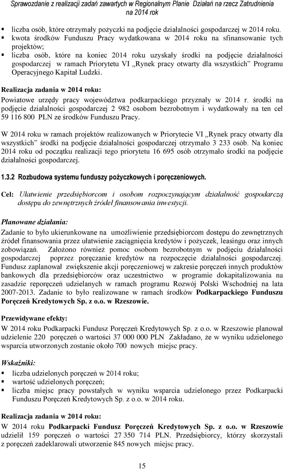 VI Rynek pracy otwarty dla wszystkich Programu Operacyjnego Kapitał Ludzki. Powiatowe urzędy pracy województwa podkarpackiego przyznały w 2014 r.