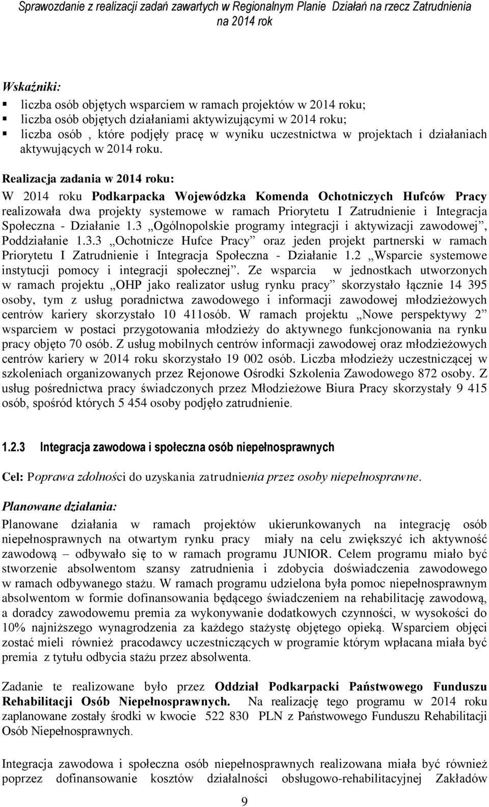 W 2014 roku Podkarpacka Wojewódzka Komenda Ochotniczych Hufców Pracy realizowała dwa projekty systemowe w ramach Priorytetu I Zatrudnienie i Integracja Społeczna - Działanie 1.