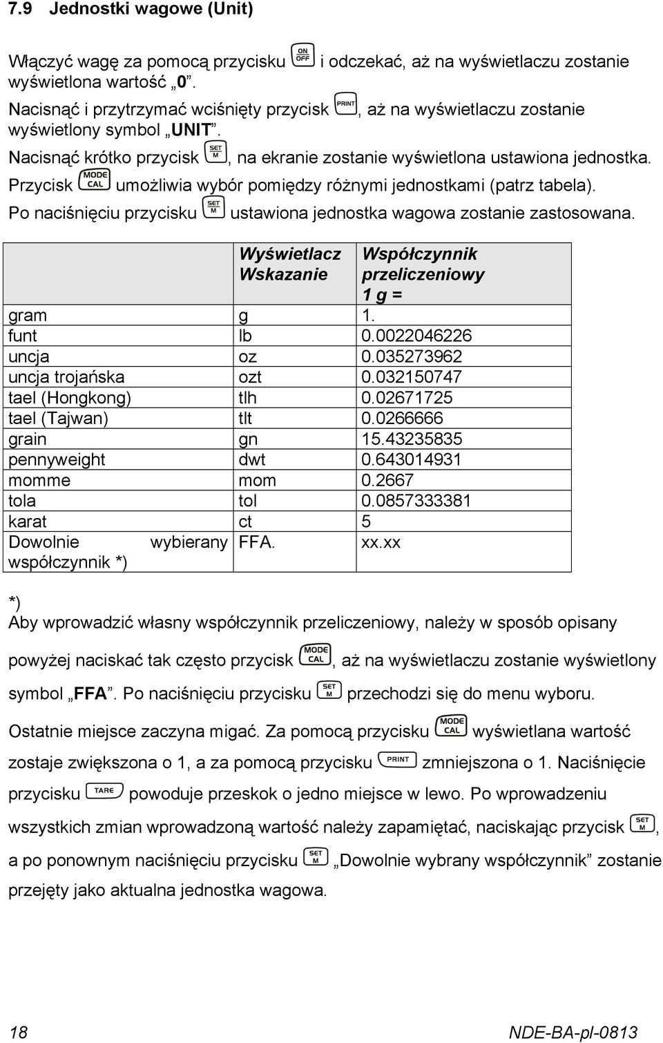 Przycisk umożliwia wybór pomiędzy różnymi jednostkami (patrz tabela). Po naciśnięciu przycisku ustawiona jednostka wagowa zostanie zastosowana.