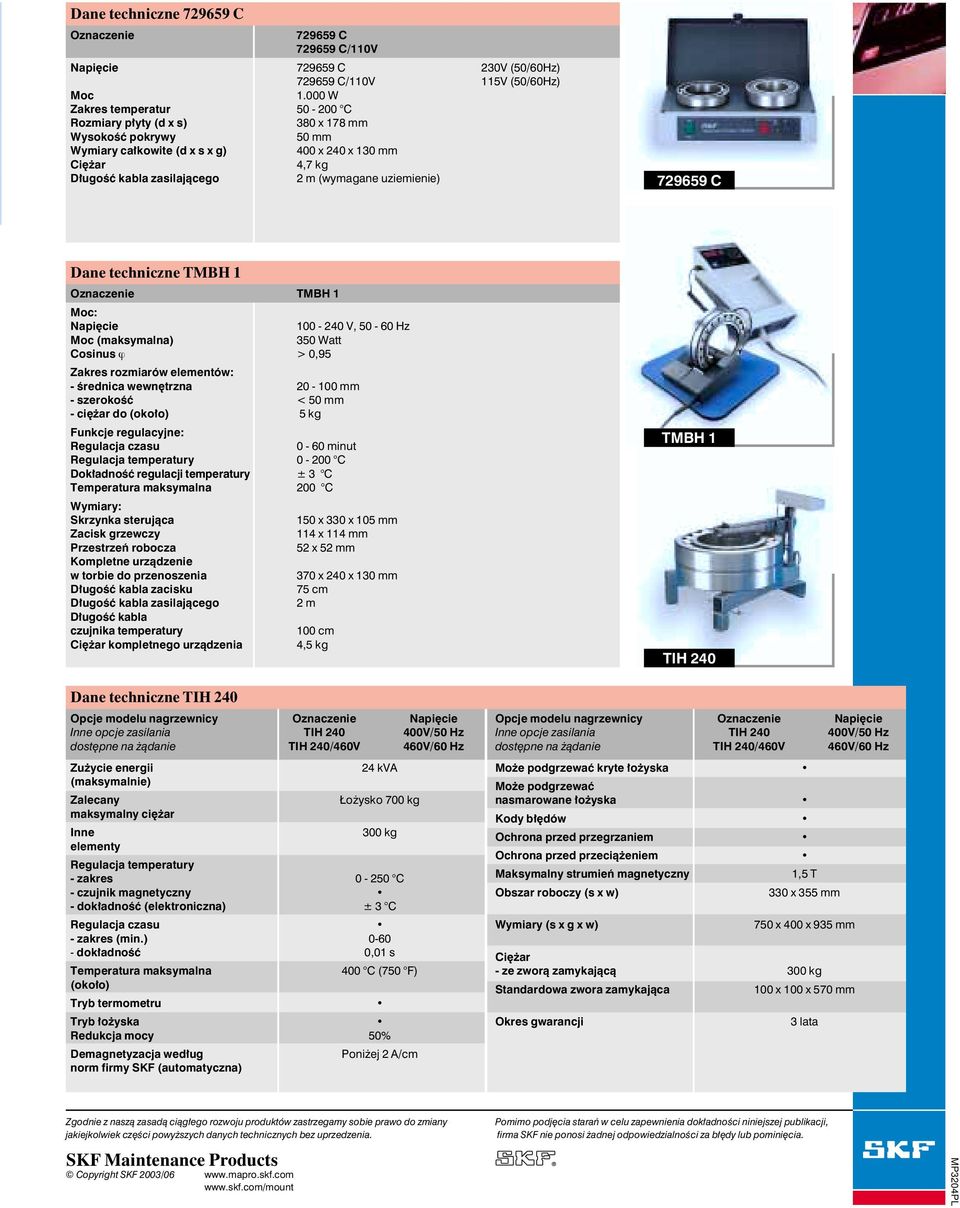 uziemienie) 729659 C Dane techniczne TMBH 1 Oznaczenie TMBH 1 Moc: Napi cie 100-240 V, 50-60 Hz Moc (maksymalna) 350 Watt Cosinus ϕ > 0,95 Zakres rozmiarów elementów: - Êrednica wewn trzna 20-100 mm