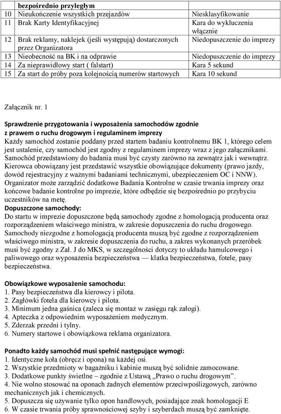 numerów startowych Kara 10 sekund Załącznik nr.