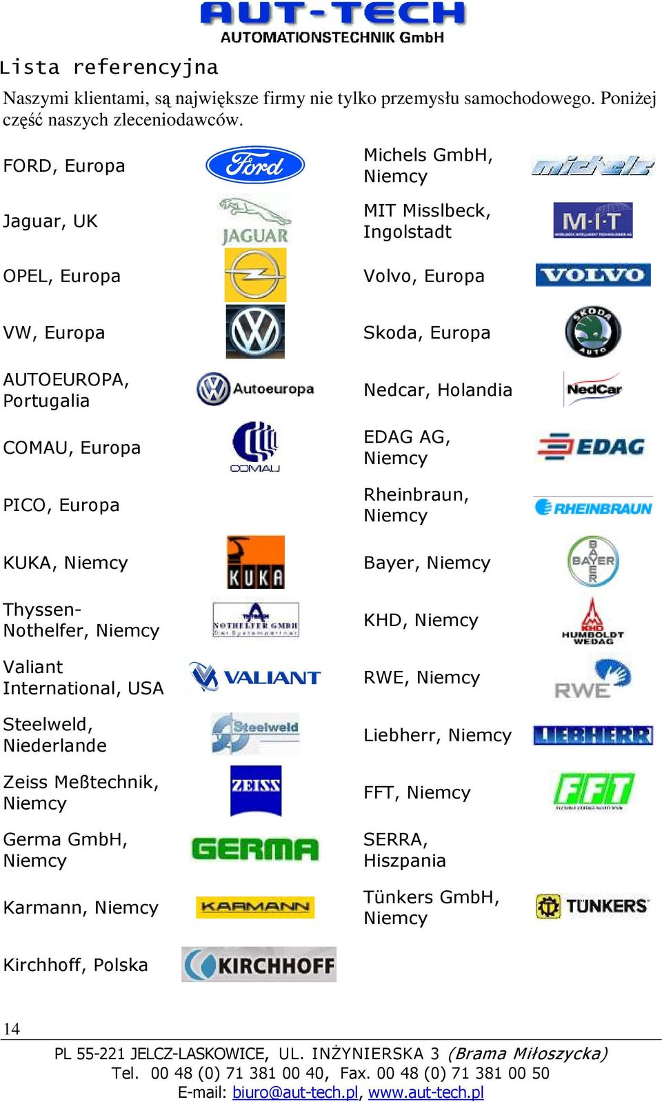 Europa KUKA, Niemcy Thyssen- Nothelfer, Niemcy Valiant International, USA Steelweld, Niederlande Zeiss Meßtechnik, Niemcy Germa GmbH, Niemcy Karmann, Niemcy