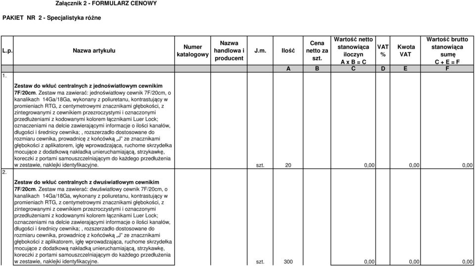 Zestaw ma zawierać: jednoświatłowy cewnik 7F/20cm, o kanalikach 14Ga/18Ga, wykonany z poliuretanu, kontrastujący w promieniach RTG, z centymetrowymi znacznikami głębokości, z zintegrowanymi z