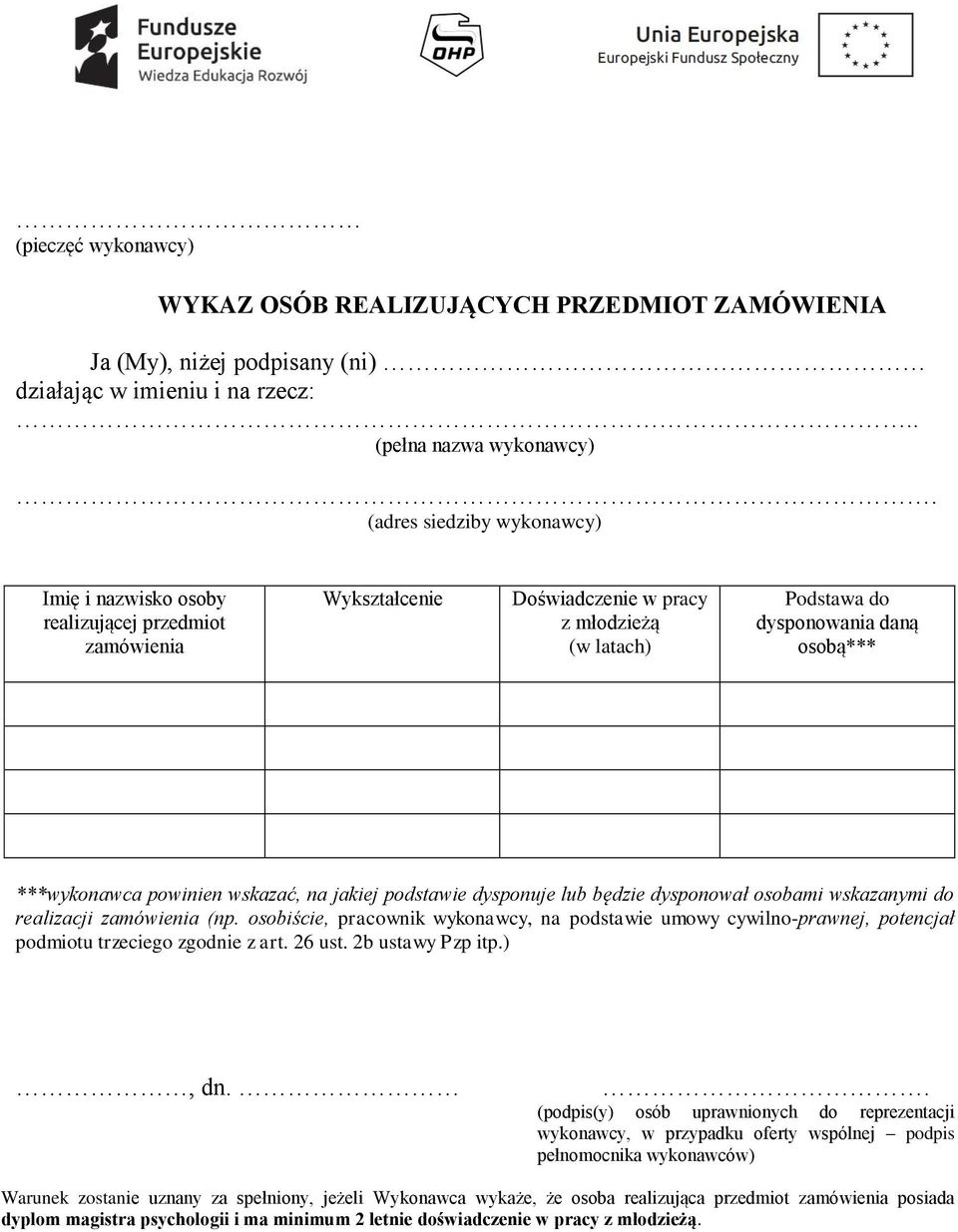 powinien wskazać, na jakiej podstawie dysponuje lub będzie dysponował osobami wskazanymi do realizacji zamówienia (np.