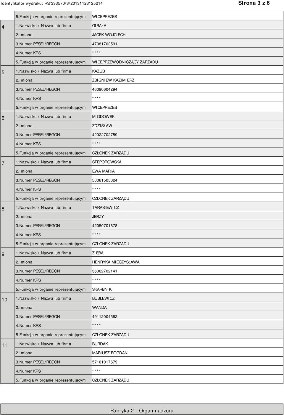 Nazwisko / Nazwa lub firma STĘPOROWSKA EWA MARIA 3.Numer PESEL/REGON 50061505024 8 1.Nazwisko / Nazwa lub firma TARASIEWICZ JERZY 3.Numer PESEL/REGON 42050701678 9 1.