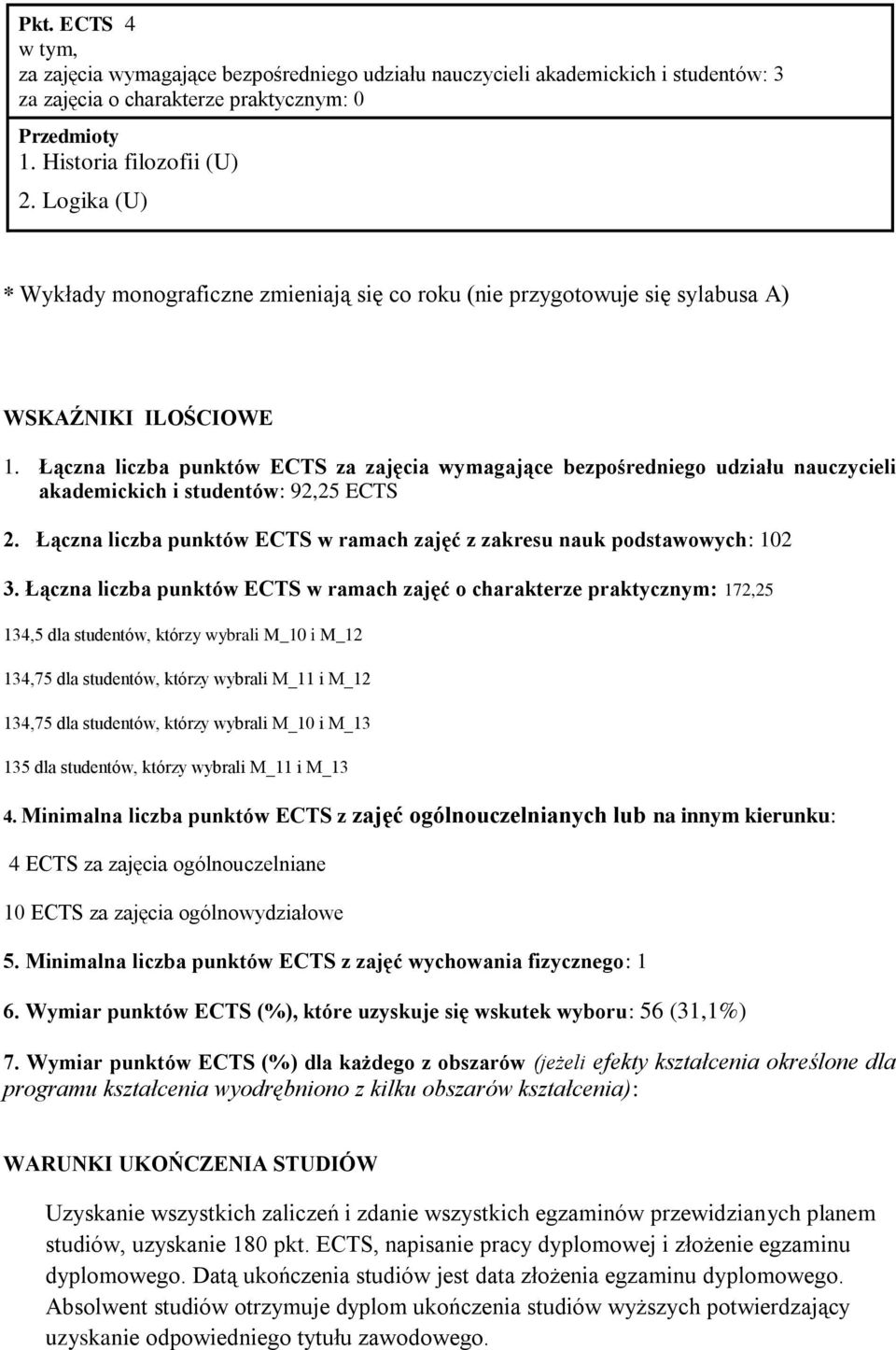 Łączna liczba punktów ECTS za zajęcia wymagające bezpośredniego udziału nauczycieli akademickich i studentów: 92,25 ECTS 2.