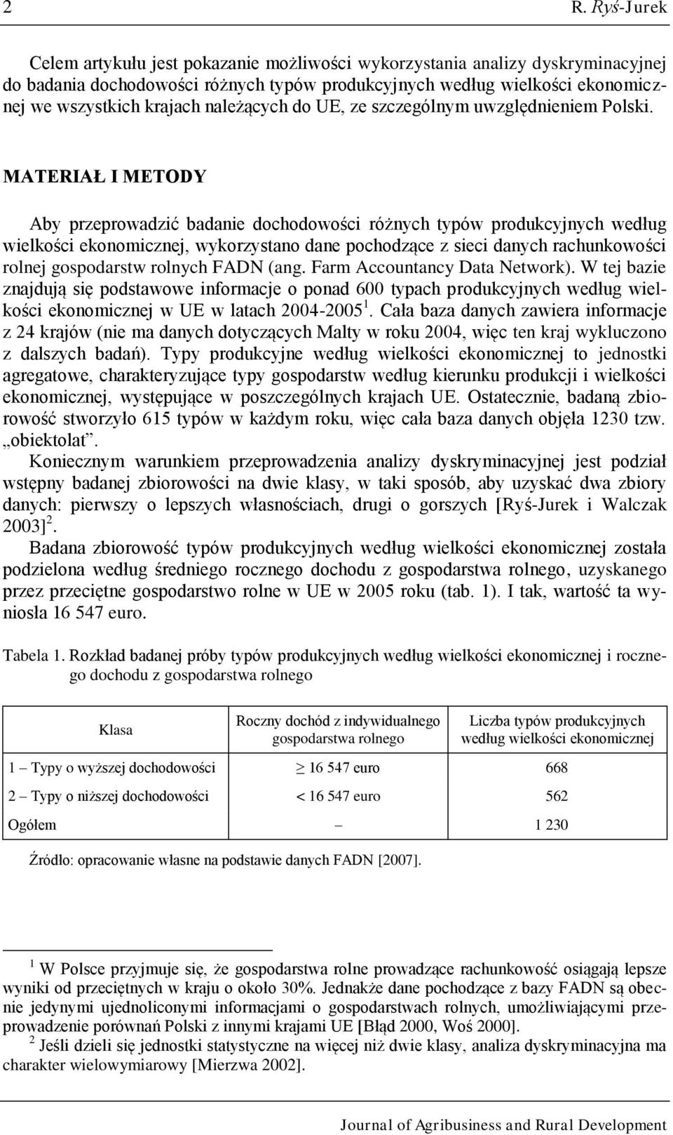 MATERIAŁ I METODY Aby przeprowadzić badanie dochodowości różnych typów produkcyjnych według wielkości ekonomicznej, wykorzystano dane pochodzące z sieci danych rachunkowości rolnej gospodarstw