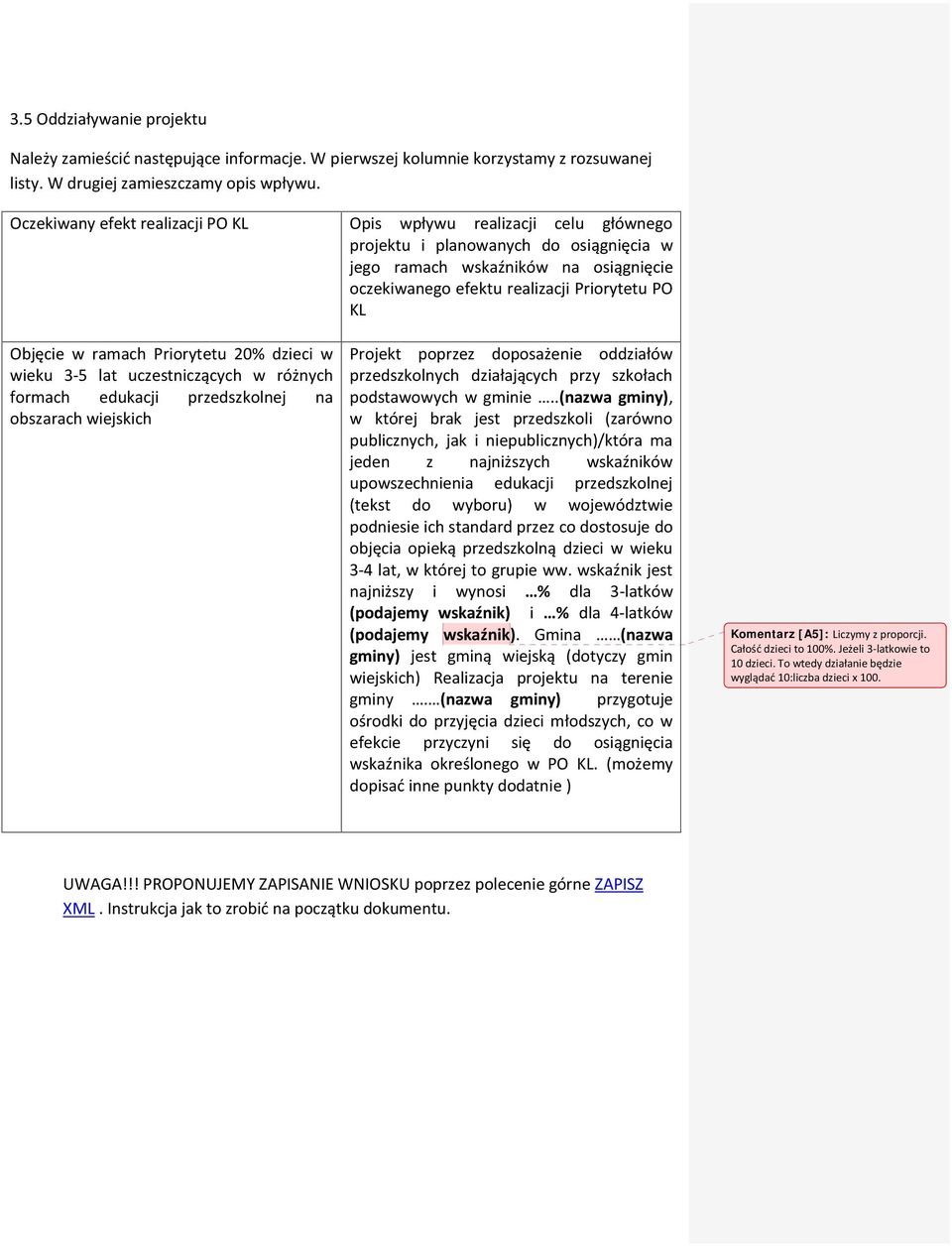 Objęcie w ramach Priorytetu 20% dzieci w wieku 3-5 lat uczestniczących w różnych formach edukacji przedszkolnej na obszarach wiejskich Projekt poprzez doposażenie oddziałów przedszkolnych