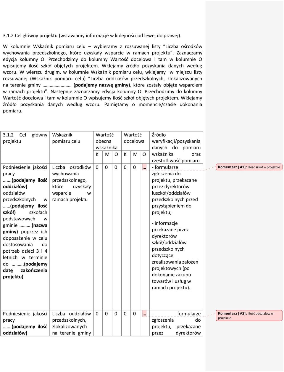 Przechodzimy do kolumny Wartość docelowa i tam w kolumnie O wpisujemy ilość szkół objętych projektem. Wklejamy źródło pozyskania danych według wzoru.