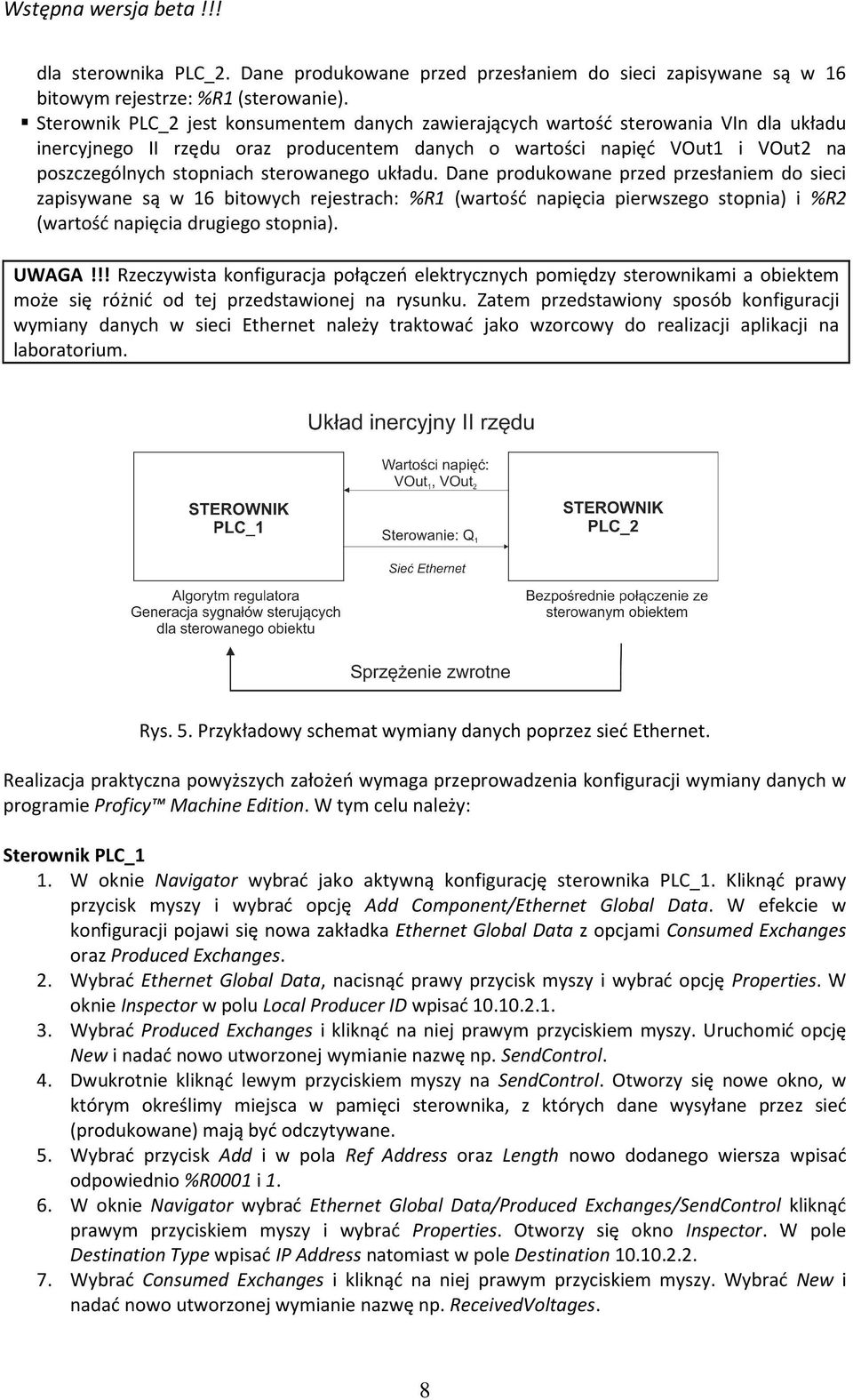 sterowanego układu. Dane produkowane przed przesłaniem do sieci zapisywane są w 16 bitowych rejestrach: %R1 (wartość napięcia pierwszego stopnia) i %R2 (wartość napięcia drugiego stopnia). UWAGA!