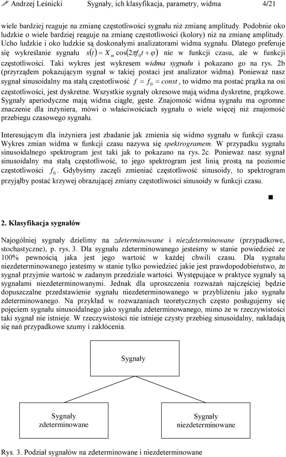 Dlao prfru się wyrślani synału X m cos f ni w funci czasu, al w funci częsoliwości. ai wyrs s wyrsm widma synału i poazano o na rys. b (przyrządm poazuącym synał w ai posaci s analizaor widma).