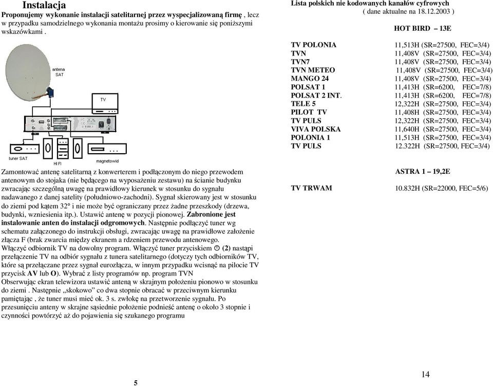 2003 ) HOT BIRD 13E TV POLONIA 11,513H (SR=27500, FEC=3/4) TVN 11,408V (SR=27500, FEC=3/4) TVN7 11,408V (SR=27500, FEC=3/4) TVN METEO 11,408V (SR=27500, FEC=3/4) MANGO 24 11,408V (SR=27500, FEC=3/4)