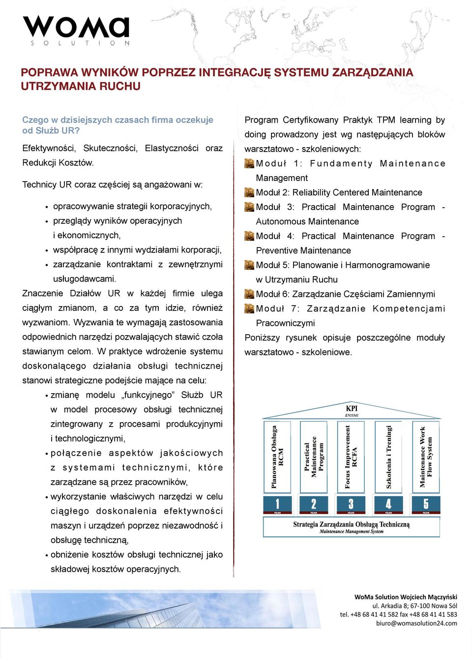 Technicy UR coraz częściej są angażowani w: doing prowadzony jest wg następujących bloków Moduł 1: Fundamenty Maintenance Management Moduł 2: Reliability Centered Maintenance opracowywanie strategii