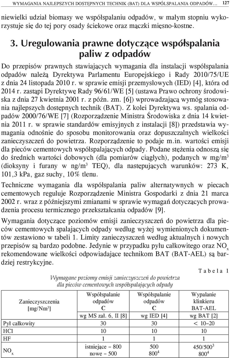 Do przepisów prawnych stawiających wymagania dla instalacji współspalania odpadów należą Dyrektywa Parlamentu Europejskiego i Rady 2010/75/UE z dnia 24 listopada 2010 r.