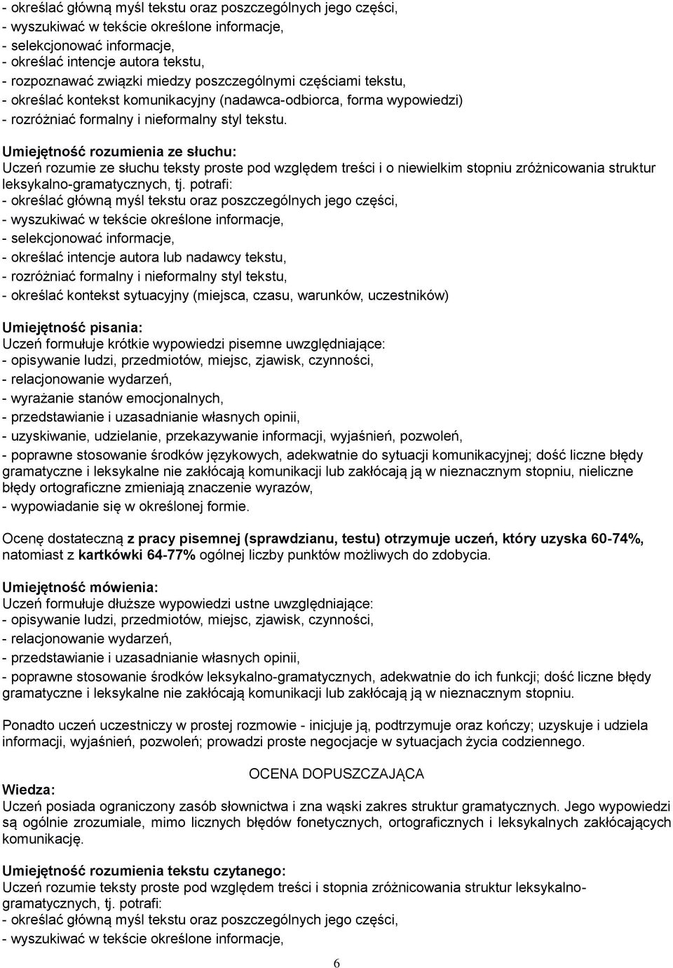 wypowiedzi pisemne uwzględniające: - wyrażanie stanów emocjonalnych, - uzyskiwanie, udzielanie, przekazywanie informacji, wyjaśnień, pozwoleń, - poprawne stosowanie środków językowych, adekwatnie do