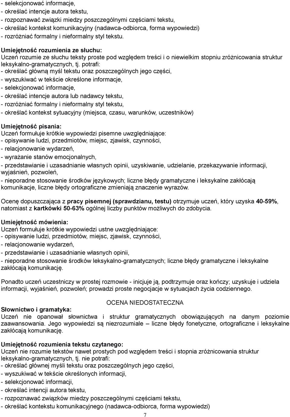 wypowiedzi pisemne uwzględniające: - wyrażanie stanów emocjonalnych, uzyskiwanie, udzielanie, przekazywanie informacji, wyjaśnień, pozwoleń, - nieporadne stosowanie środków językowych; liczne błędy