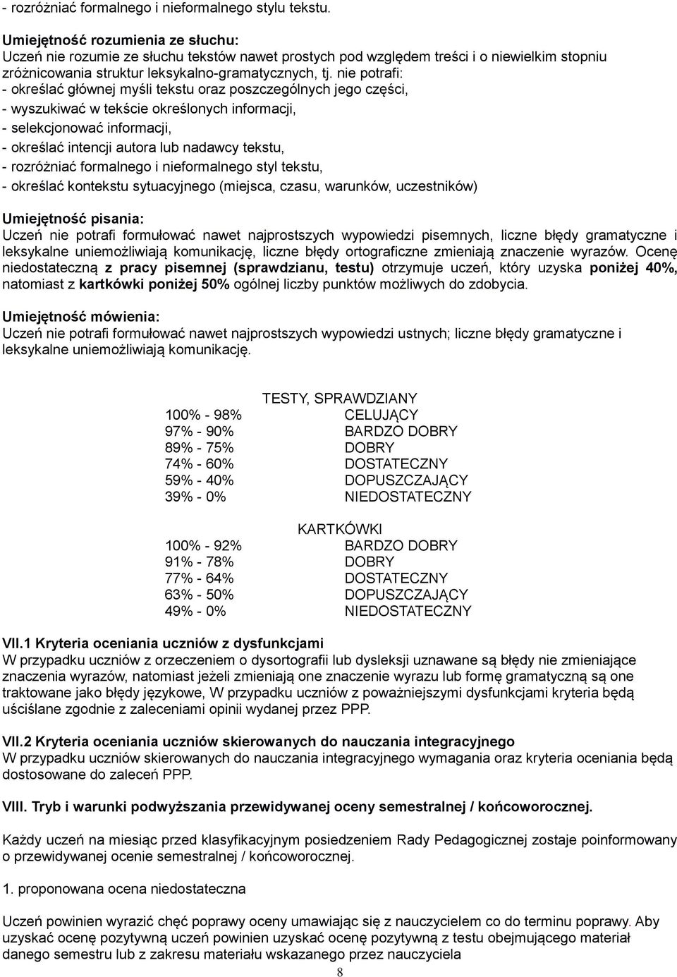 - rozróżniać formalnego i nieformalnego styl tekstu, - określać kontekstu sytuacyjnego (miejsca, czasu, warunków, uczestników) Uczeń nie potrafi formułować nawet najprostszych wypowiedzi pisemnych,