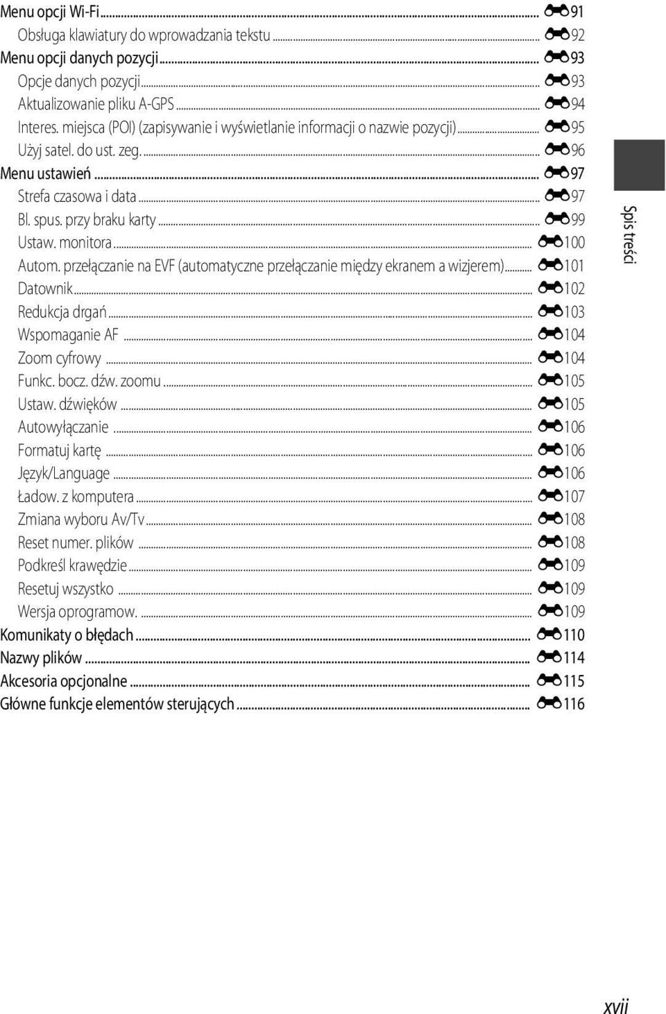 monitora... E100 Autom. przełączanie na EVF (automatyczne przełączanie między ekranem a wizjerem)... E101 Datownik... E102 Redukcja drgań... E103 Wspomaganie AF... E104 Zoom cyfrowy... E104 Funkc.