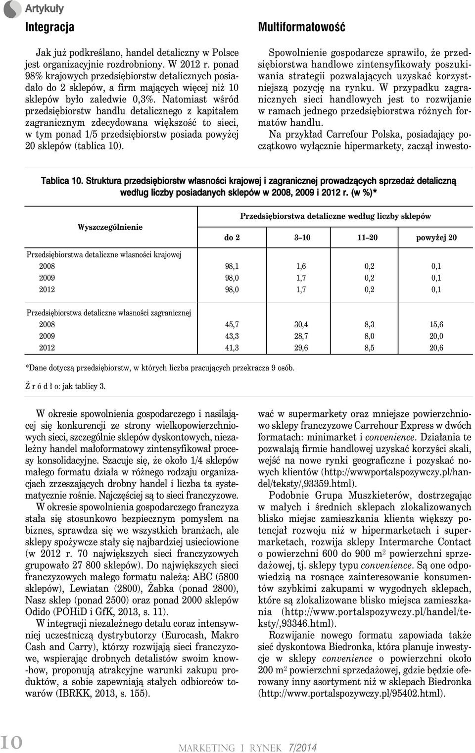 Natomiast wśród przedsiębiorstw handlu detalicznego z kapitałem zagranicznym zdecydowana większość to sieci, w tym ponad 1/5 przedsiębiorstw posiada powyżej 20 sklepów (tablica 10).