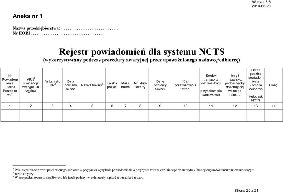 upoważnionego nadawcę/odbiorcę) Nr karnetu TIR 2 Data powiado mienia Nazwa towaru 3 Liczba pozycji Masa brutto Nr i data faktury Dane odbiorcy towaru Kraj przeznaczenia towaru Środek transportu (Nr